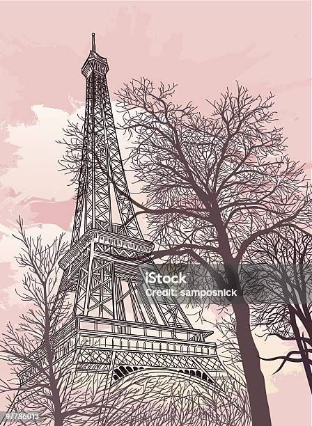 Drawing Of The Eiffel Tower With A Pink Sky And Trees Stock Illustration - Download Image Now