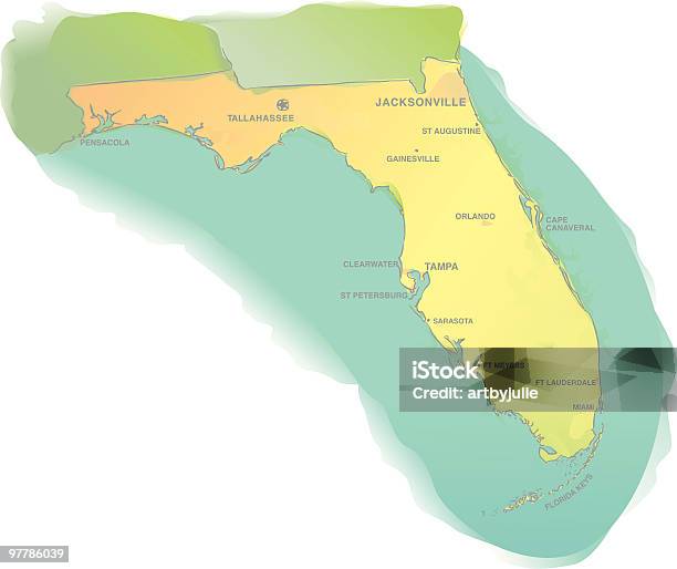 Флорида Map Акварель Стиль — стоковая векторная графика и другие изображения на тему Карта - Карта, Тампа, Флорида - США