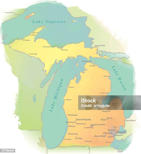 Michigan Mappastile Acquerello - Immagini vettoriali stock e altre immagini di Carta geografica - Carta geografica, Michigan, Regione dei Grandi Laghi