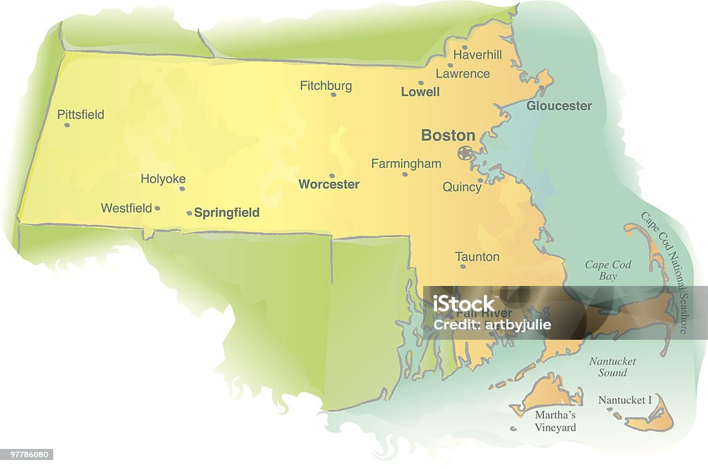 Karte von Massachusetts-Aquarell-Stil - Lizenzfrei Amerikanische Bundesstaatsgrenze Vektorgrafik