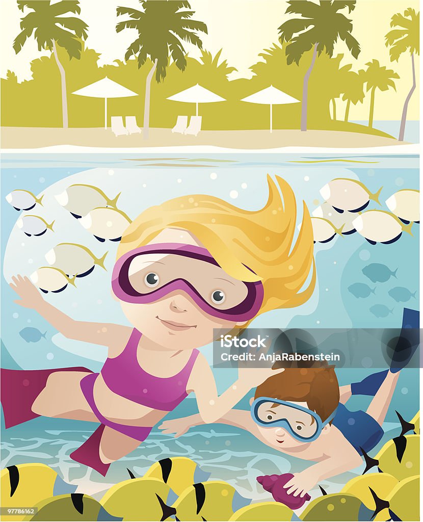 Zwei Kinder schwimmen unter Wasser am tropischen Strand - Lizenzfrei Palme Vektorgrafik