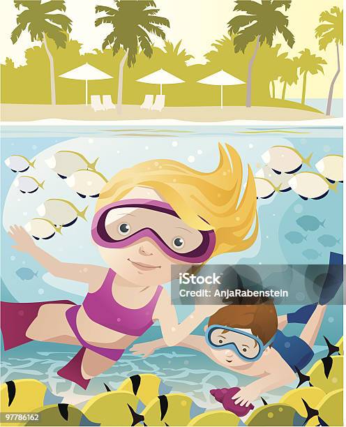 Zwei Kinder Schwimmen Unter Wasser Am Tropischen Strand Stock Vektor Art und mehr Bilder von Palme