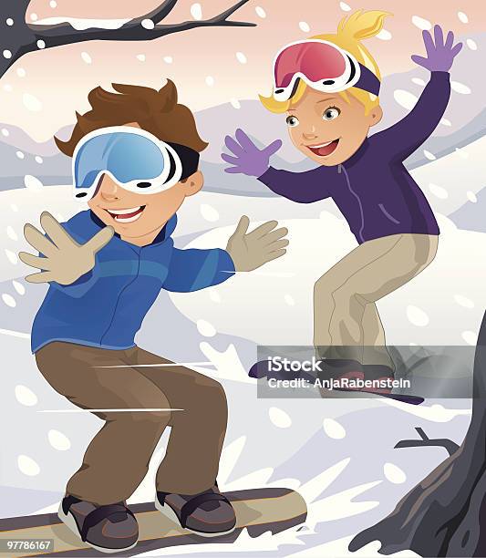 Ilustración de Dos Niños Snowboard En Invierno y más Vectores Libres de Derechos de Niñas - Niñas, Tabla de snowboard, Actividad