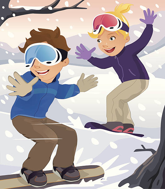 Deux enfants faire du snowboard en hiver - Illustration vectorielle