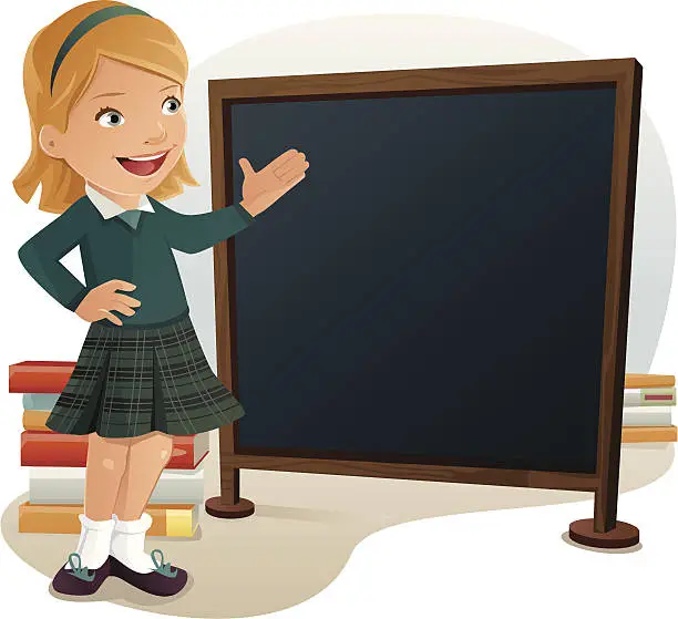 Vector illustration of Young female student wearing school uniform pointing at blank chalkboard