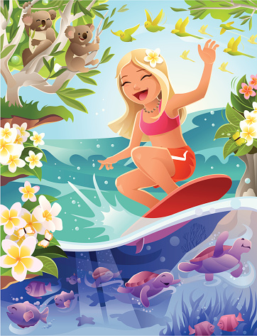 Cartoon Girl Surfing in Tropical Scene with Turtles and Koalas