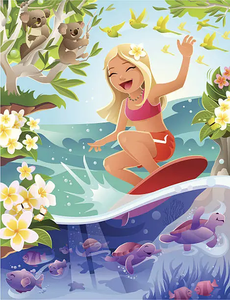 Vector illustration of Cartoon Girl Surfing in Tropical Scene with Turtles and Koalas