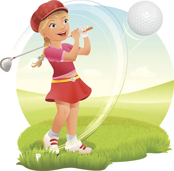Vector illustration of Teenage Girl Playing Golf on Green