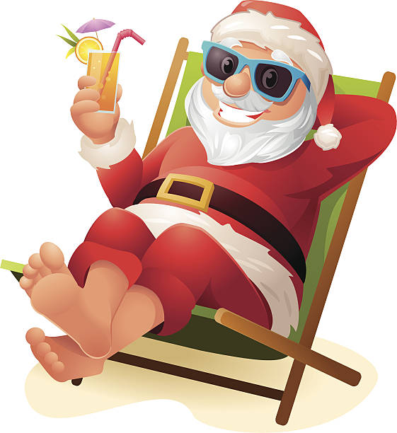 Santa Claus de détente à la plage avec des lunettes de soleil et boire - Illustration vectorielle