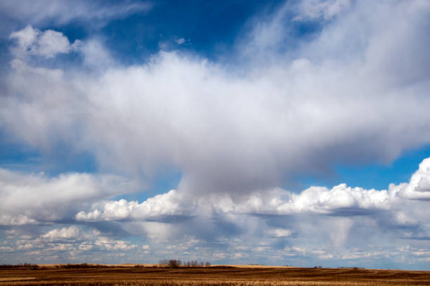 istock Dramatic clouds with showers over open farm land 977882724