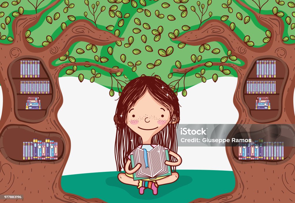 Tree Library Cartoon Cute Girl With Tree Library Stock Illustration - Download Image Now ...