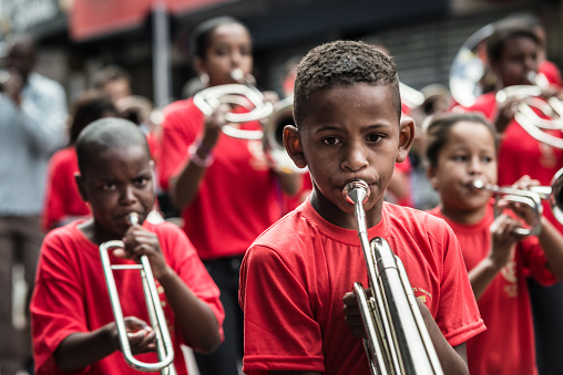 Rio de Janeiro, Brazil - September 07, 2013: Fanfare band is seen in Valença (southern of Rio de Janeiro state) during Brazil's independence parade on September 7th.
