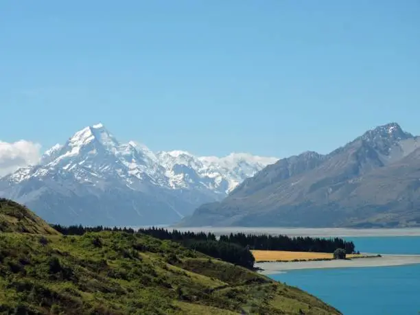 View on on the Apls, Aoraki / Mount Cook from the green and yellow lakeshore of Lake Pukaki, New Zealand