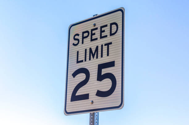 istock Speed limit sign viewed with a sky background 977984018