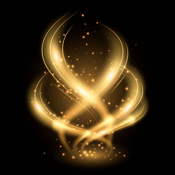 Dynamic effect of gold light. Magic isolated golden waves and sparkles Dynamic effect of gold light. Magical golden waves and sparkles. Isolated smoky trace the twist stock illustrations