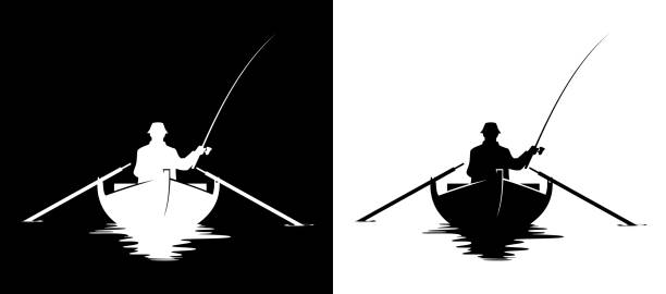 Fisherman in boat silhouette Fisherman in a boat silhouette. Black and white vector illustration of man fishing in a boat. rowing boat fishing stock illustrations