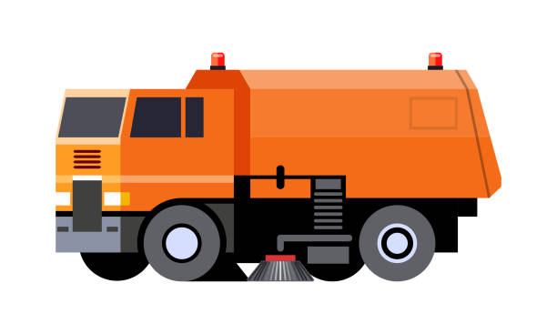 Street sweeper vehicle Minimalistic icon city sweeper truck front side view. Street sweeper vehicle. Modern vector isolated illustration. COE - cab over engine street sweeper stock illustrations