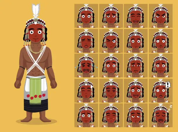 Vector illustration of African Tribe Clothes Male Wodaabe Cartoon Emotion faces Vector Illustration