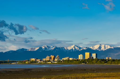 View of Anchorage, Alaska, from Earthquake park at sunset during springtime