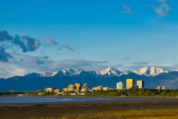 Anchorage at sunset View of Anchorage, Alaska, from Earthquake park at sunset during springtime chugach national forest photos stock pictures, royalty-free photos & images