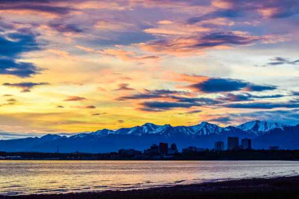 Anchorage at sunrise View of Anchorage, Alaska, from Earthquake park at sunrise during springtime chugach national forest photos stock pictures, royalty-free photos & images