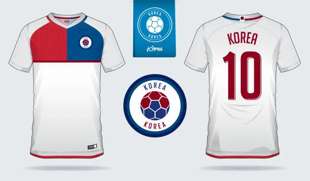 Vector illustration of Soccer jersey or football kit template design for South Korea national football team. Front and back view soccer uniform. Football t shirt mock up with flat symbol design.