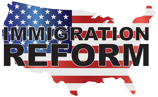 Government Immigration Reform Text Outline with American USA Flag in Country Map Silhouette vector Illustration