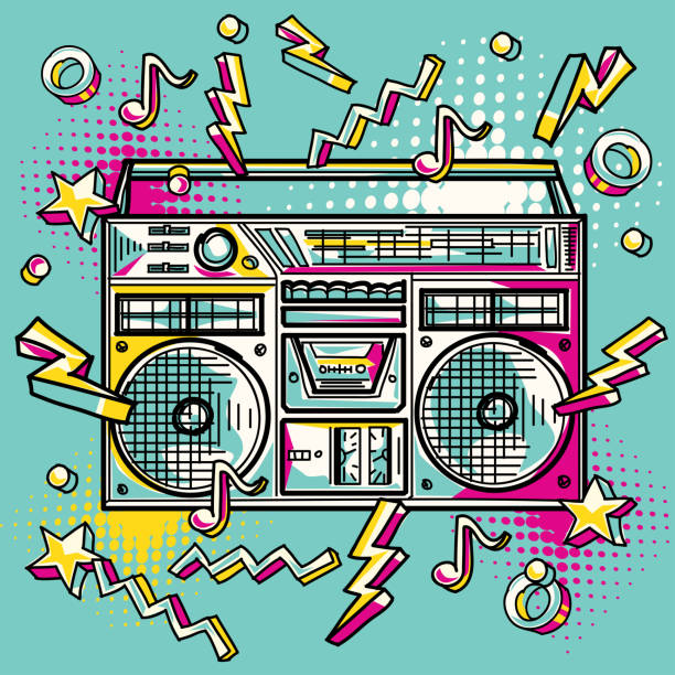 illustrazioni stock, clip art, cartoni animati e icone di tendenza di funky colorato disegnato boom box - 1980s style funky 1990s style boom box