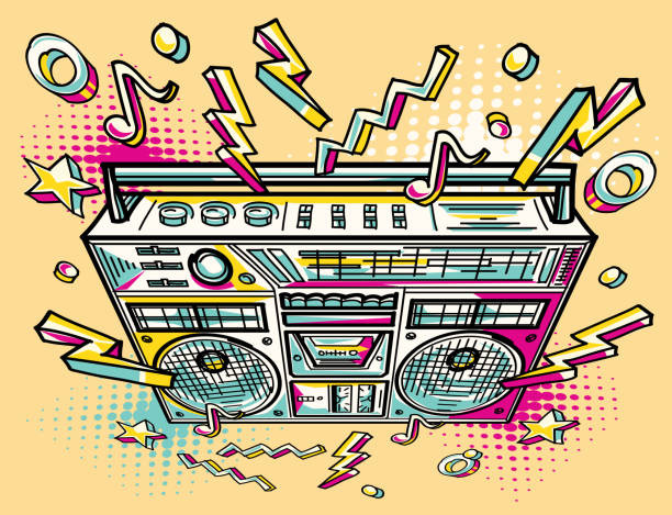 illustrazioni stock, clip art, cartoni animati e icone di tendenza di funky colorato disegnato boom box - 1980s style funky 1990s style boom box