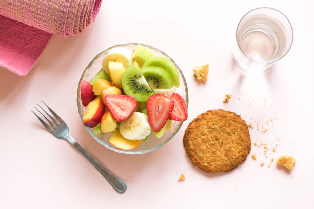 istock Pink yoga mat and Fruit Salad 978186170