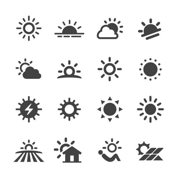 illustrazioni stock, clip art, cartoni animati e icone di tendenza di icone del sole - serie acme - energia solare