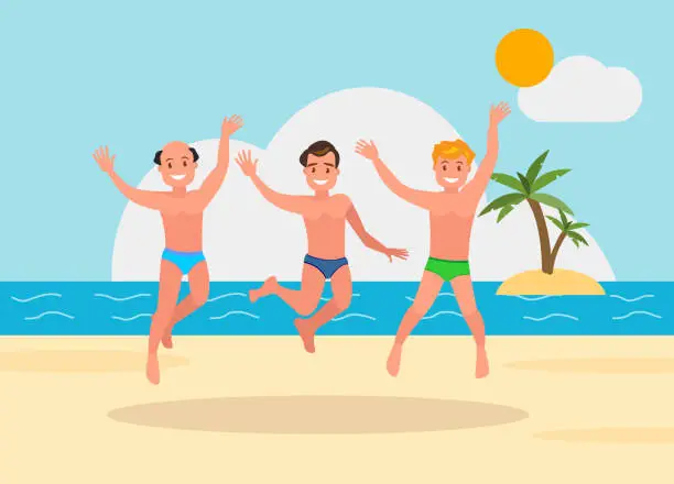 Vector illustration of Three young men jumping on the beach background