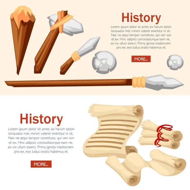 Vector illustration of History web banner concept. Stone age primitive work tools. Medieval scrolls. Flat style vector illustration on white and beige background. Place for your text. Website page and mobile app design
