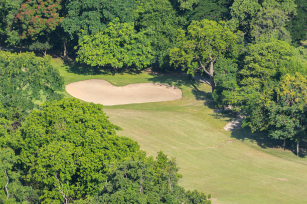 golf course in aerial view with grass green field - sports flag high angle view putting sand imagens e fotografias de stock