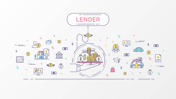 Lender infographics concept. Hand holding a money tray. Loan lending of money from bank, personal loans, credit card, organization or entity. Flat line design create by vector. Can be used for lender banner and advertisement. Lender infographics concept. Hand holding a money tray. Loan lending of money from bank, personal loans, credit card, organization or entity. Flat line design create by vector. Can be used for lender banner and advertisement. borrowing stock illustrations