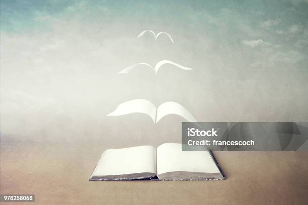 Surreale Buchseiten Konzept Herausfliegen Buch Stockfoto und mehr Bilder von Buch - Buch, Freiheit, Bildung