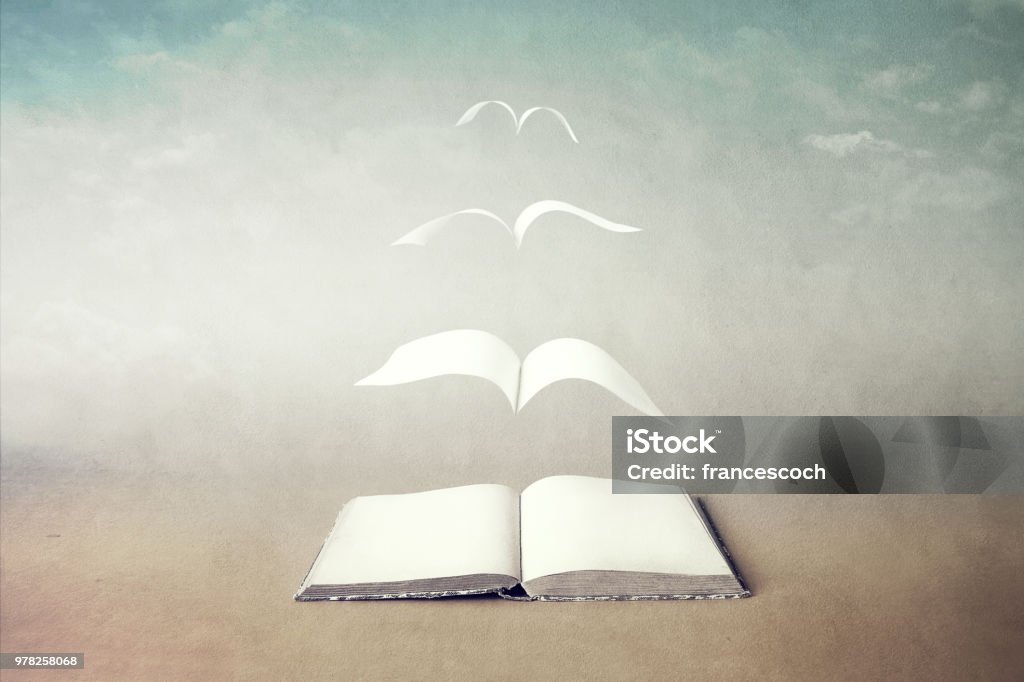 surreal book concept pages flying out of book Book Stock Photo