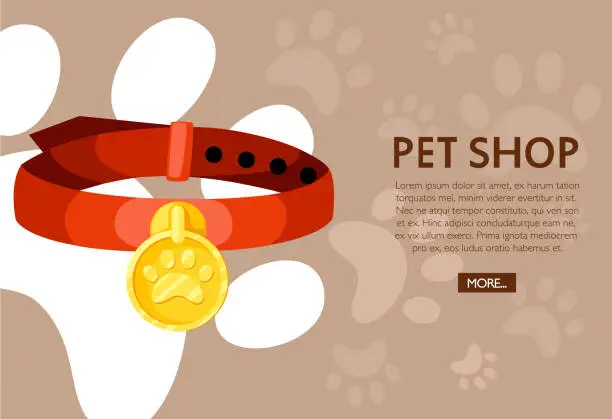 Vector illustration of Pet shop concept. Red pet collar. Vector illustration on background with animal footprints. Place for your text. Website page and mobile app design