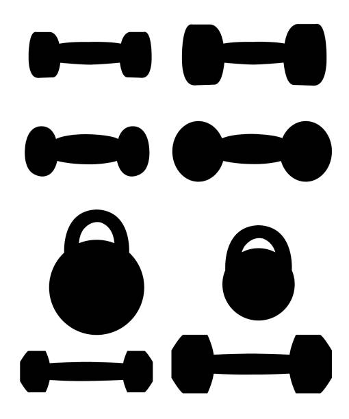 Black silhouette. Weight and dumbbells training equipment. Sports collection in various colors. Flat vector illustration isolated on white background Black silhouette. Weight and dumbbells training equipment. Sports collection in various colors. Flat vector illustration isolated on white background. dumbbell stock illustrations