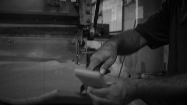 Blue Collar Worker Cutting Raw Material near a Machinery