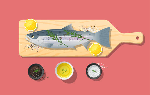 illustrazioni stock, clip art, cartoni animati e icone di tendenza di pesce salmone crudo fresco e spezie su tagliere in legno, preparazione del cibo, vettore, illustrazione - pink pepper illustrations