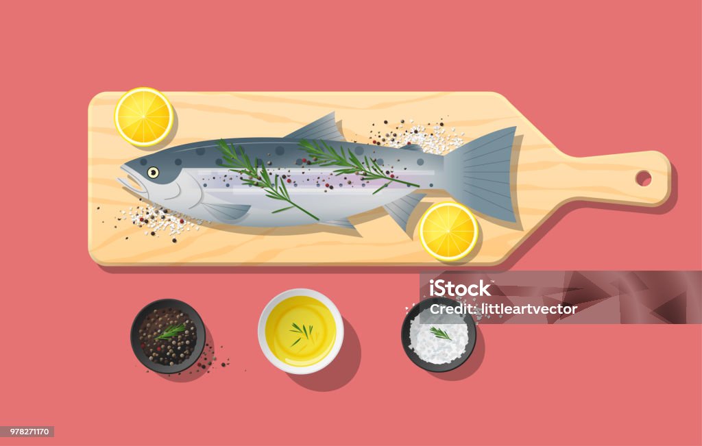 Färsk rå lax fisk och kryddor på trä skärbräda, Matlagning, vektor, illustration - Royaltyfri Atlanten vektorgrafik