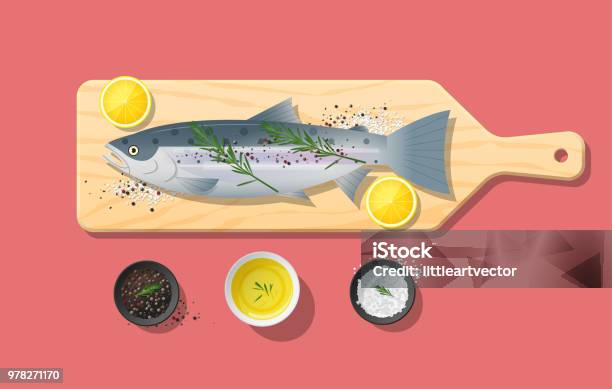 Färsk Rå Lax Fisk Och Kryddor På Trä Skärbräda Matlagning Vektor Illustration-vektorgrafik och fler bilder på Atlanten
