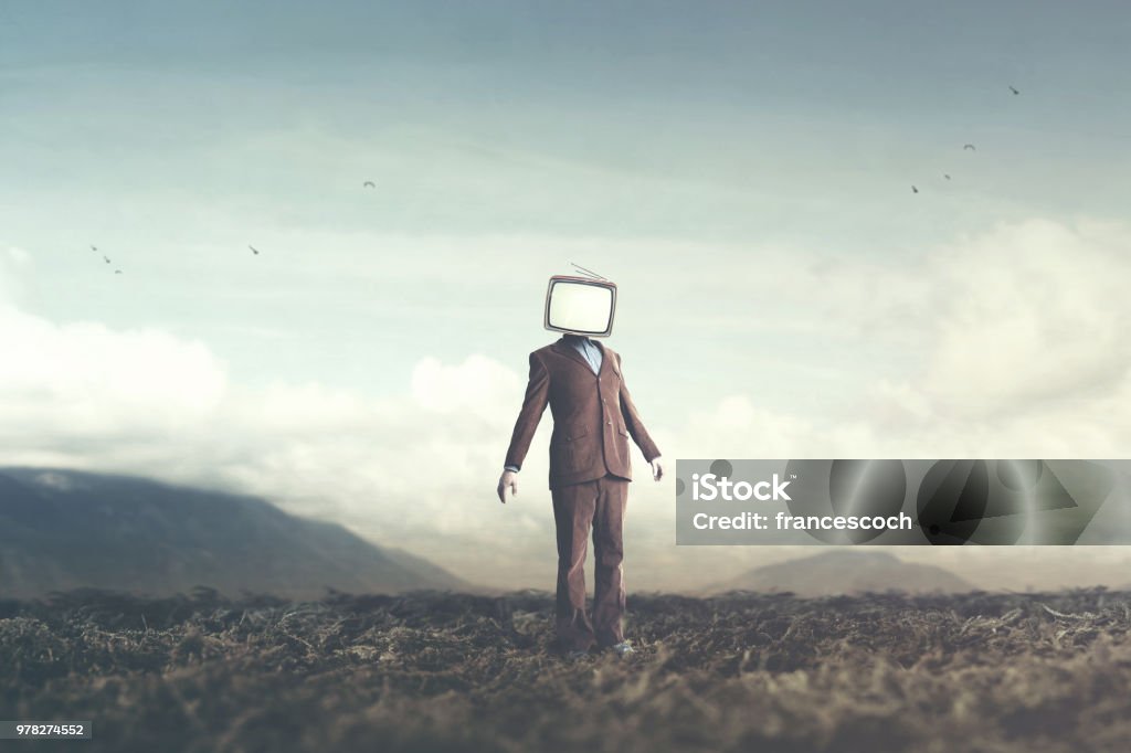 surreal concept man with television over his head Television Industry Stock Photo