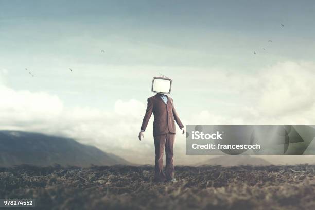 Surreal Concept Man With Television Over His Head Stock Photo - Download Image Now - Television Industry, Head, Surreal