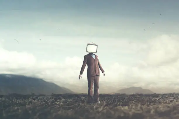 Photo of surreal concept man with television over his head