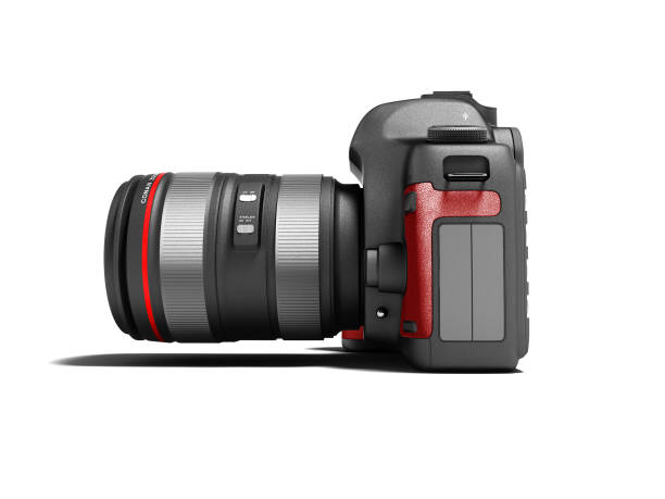istock Modern gray zoom camera with red leather inserts on the side 3d render on white background with shadow 978285118