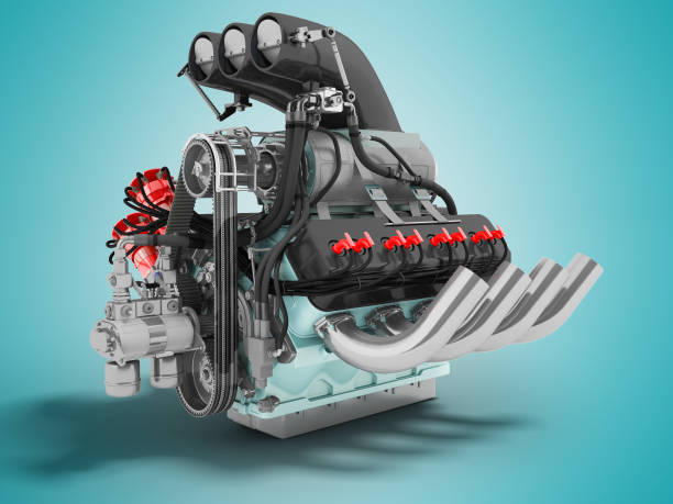 istock Modern gray automotive V engine with turbine with blue inserts 3d render on blue background with shadow 978285148
