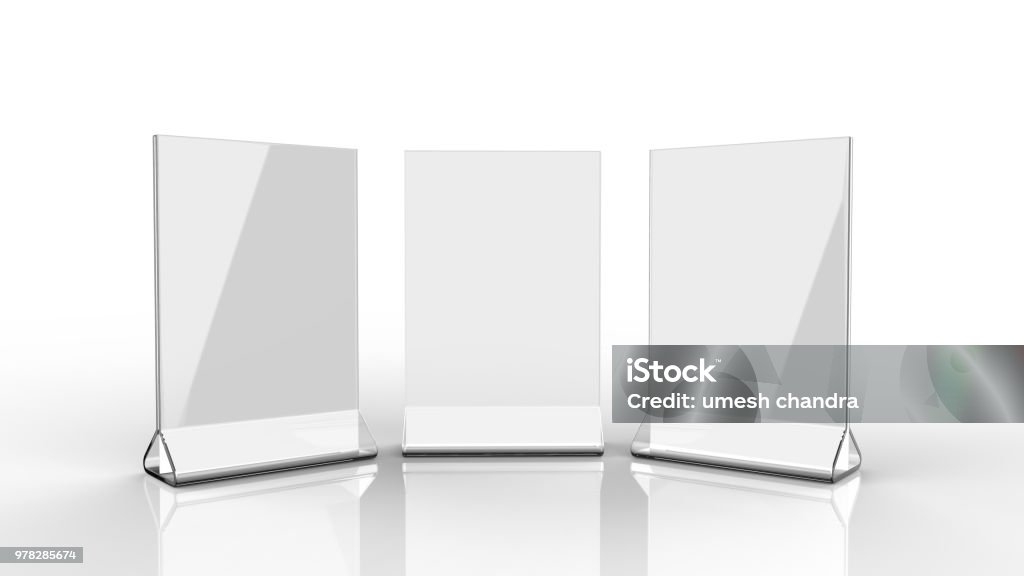 Blank Card stand type top loader Table Tent. 3d render illustration. Blank Card stand type top loader Table Tent. Table Tent Stock Photo