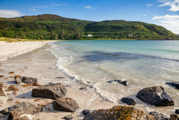 Beach of Calgary Bay Isle of Mull Argyll and Bute Scotland UK White shell sand beach of Calgary Bay, Isle of Mull, Argyll and Bute, Scotland, UK argyll and bute stock pictures, royalty-free photos & images